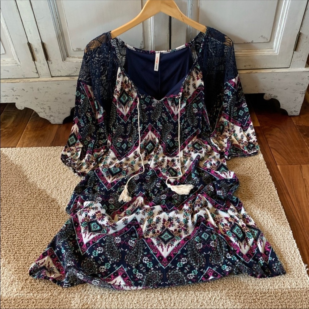 Bohemian blue floral print tunic dress.